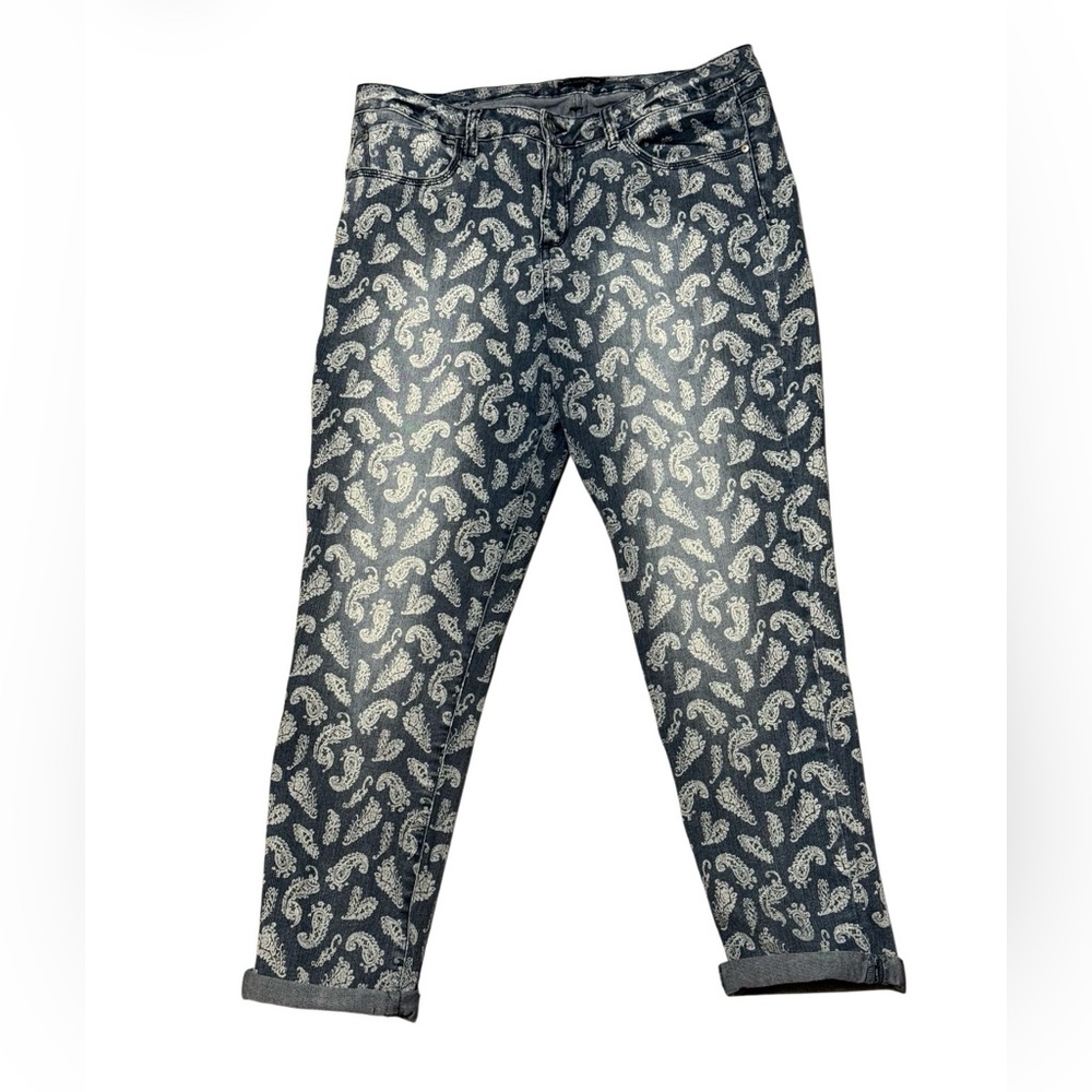 Signature Studio Paisley Print Jeans Size 16 Blue Stretch Straight Leg Ankle